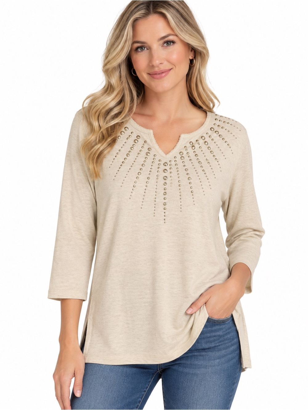 Beaded Notch-Neck 3/4 Sleeve Women's Top - Cream - 1066